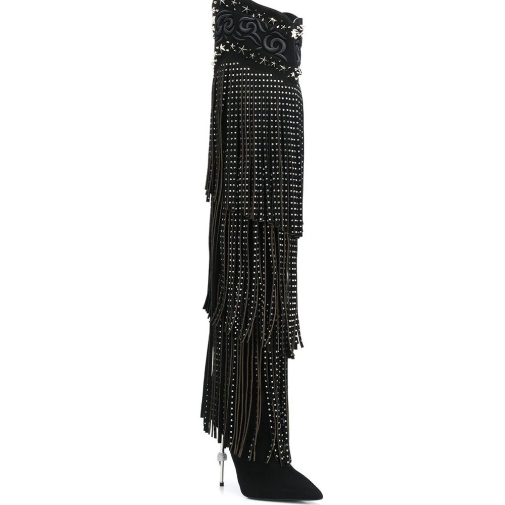 $7,710 Philipp Plein 9 Crystal Cowboy Boots High Heels Fringe Western Leather